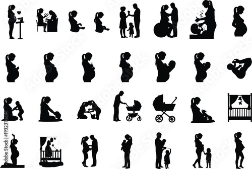 Collection of silhouettes showing pregnancy stages, childbirth, and early motherhood, celebrating family
