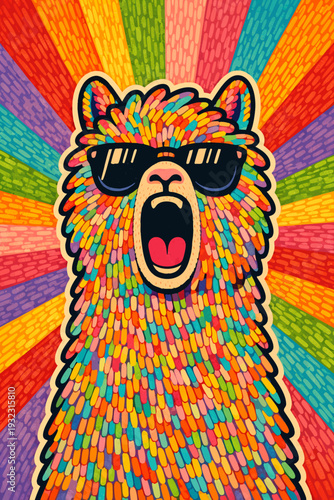 Psychedelic Folk Art Portrait of screaming alpaca in sunglasses on a colorful background