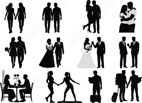 Silhouettes of couples in various stages of relationships, from casual dating and active lifestyles to formal business meetings and travel, representing modern connections.