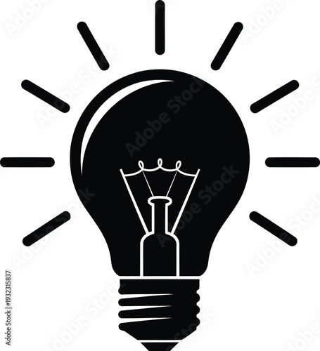 Black silhouette of a glowing light bulb emitting lines of light, representing a bright idea, creativity, and new solutions on a plain background.