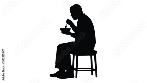 A person sitting on a stool eating from a bowl isolated on white background, Vector