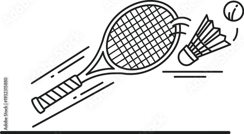 Simple black and white line art icon depicts a fast moving tennis racket striking a shuttlecock during play
