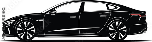 Sleek black modern sedan car silhouette with artistic white detailing, presented in a side profile view.
