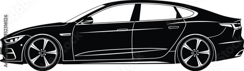Dynamic black modern sedan car silhouette with sharp lines and distinctive wheels, viewed from the side.