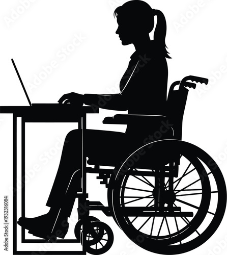 Silhouette of a woman in a wheelchair working on a laptop at a desk, representing accessibility and inclusion in the workplace.