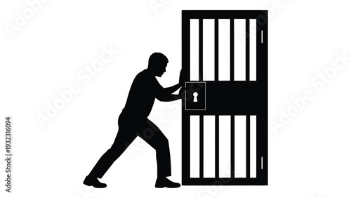 Man pushing a large jail cell door open isolated on white background, Vector