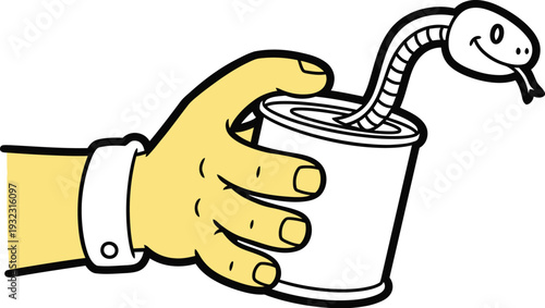Cartoon hand holding a can from which a smiling snake unexpectedly emerges illustrating a shock surprise concept