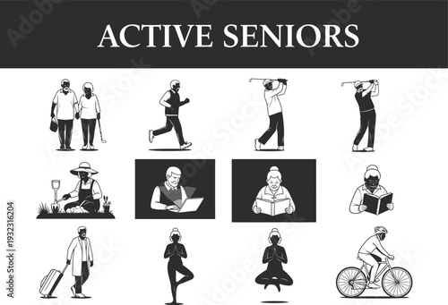 Active seniors depicted in silhouettes enjoying various hobbies and activities like golfing, gardening, yoga, cycling, and traveling, promoting a vibrant retirement.