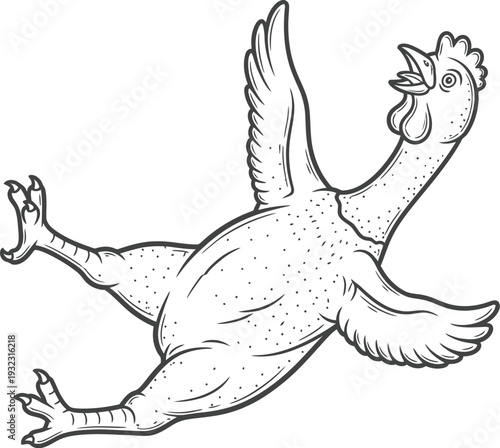 Black and white line art drawing of a startled plucked chicken bird flopping dramatically midair against white background