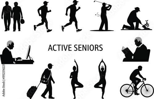 Collection of silhouette icons illustrating active seniors engaged in diverse pursuits: sports, travel, work, and wellness, promoting a fulfilling later life.