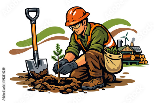 Man planting a small tree in the ground wearing safety gear.