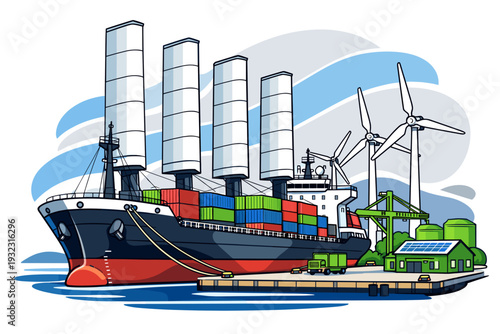 Modern cargo ship with wind turbines and solar panels.