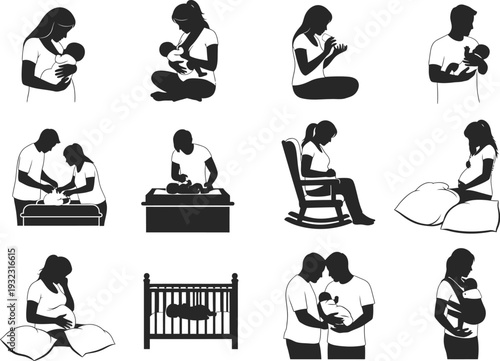 Black silhouette illustrations showing nurturing moments of parents and babies: breastfeeding, diaper changing, holding, rocking, and crib scenes.