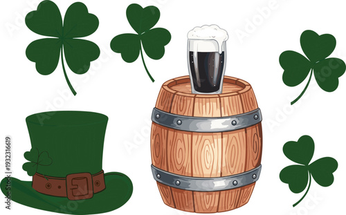 St. Patrick’s Day festive illustration featuring green shamrocks, leprechaun hat with buckle, wooden barrel, and frothy dark beer glass symbolizing Irish holiday celebration
