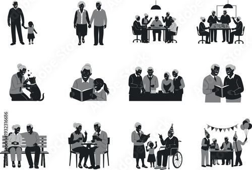 Happy elderly couple and family spending quality time together, enjoying activities and social gatherings in various settings, symbolizing joy and companionship.