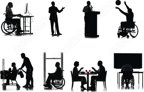 Silhouettes showcase people with disabilities actively participating in various life activities, including work, sports, dining, and family time.