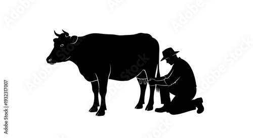 Farmer Milking Cow Silhouette - Agricultural Tradition