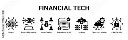Financial Tech web banner icon vector highlighting digital finance,data-driven systems,cloud solutions,and secure financial innovation