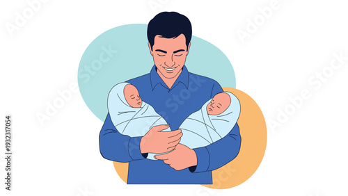Happy father smiles warmly while tenderly cradling his newborn twin babies wrapped in blankets against a soft colorful background design.