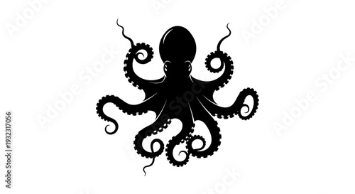 Black Octopus Silhouette Icon Isolated on White Background