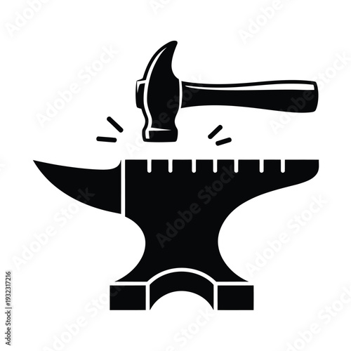 Black silhouette of a hammer striking an anvil with sparks flying