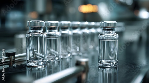 Wallpaper Mural Medical Vials on Production Line: A close-up view of a row of transparent medical vials, filled with a clear liquid, moving along an automated production line. Torontodigital.ca