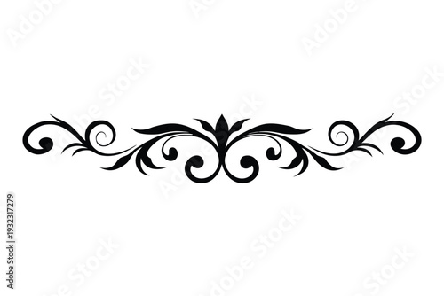 Black ornamental symmetrical scrollwork with swirls and fleur de lis motif