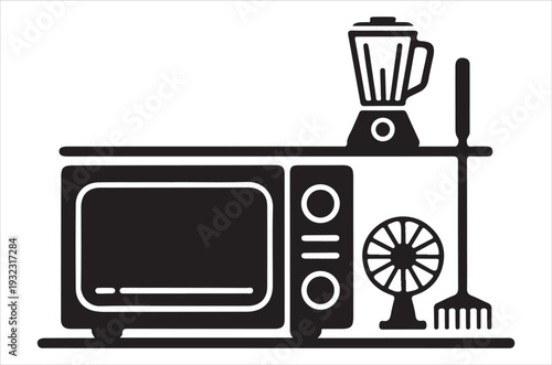 Black and white illustration of kitchen appliances on a countertop