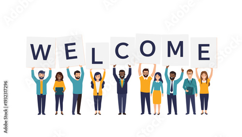 Diverse group of professional people stands together holding up large white cards that spell out the word welcome for a friendly greeting.