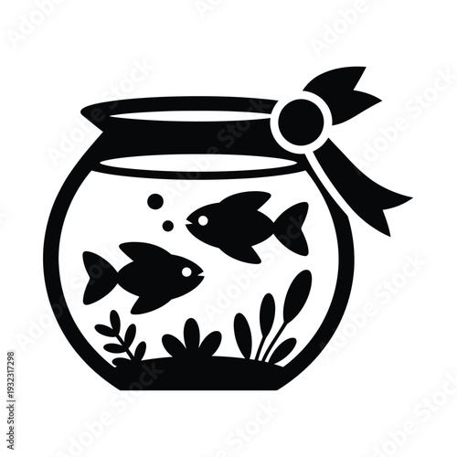 Black and white illustration of a fishbowl with two fish inside