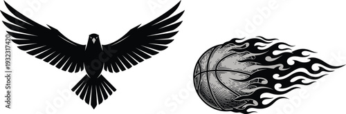 Stylized black‑and‑white graphic featuring soaring bird silhouette with spread wings and flaming basketball in motion, symbolizing speed, strength, sports energy, and dynamic design