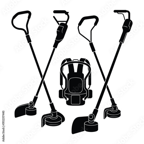 Black and white illustration depicting various cordless power garden tools