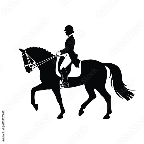Silhouette of a dressage rider on horseback depicted in black and white