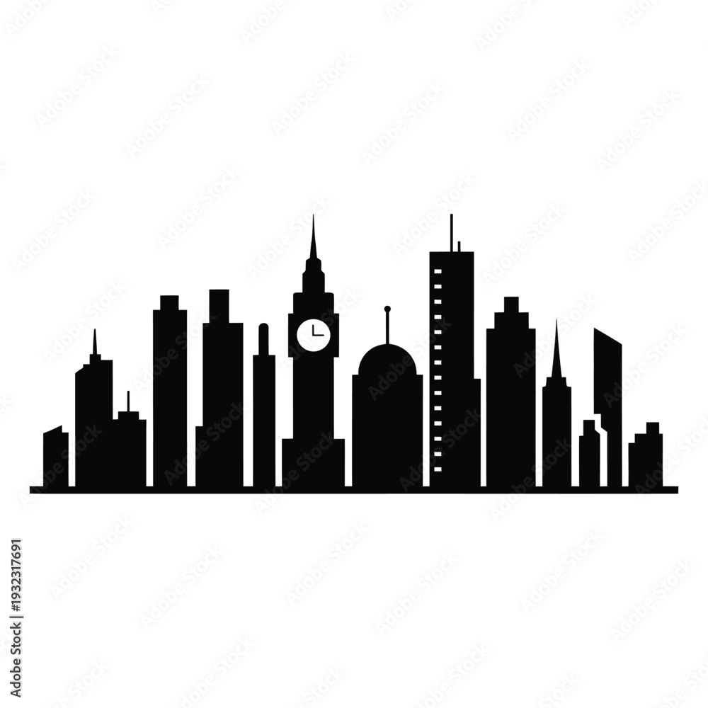 Obraz premium A striking black silhouette of a city skyline featuring iconic landmarks