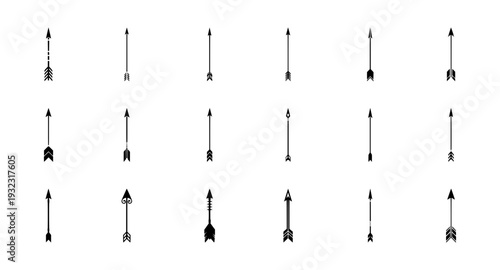Set of vintage arrow silhouettes and tribal style bow arrows, decorative feathered pointer elements for target and direction vector.