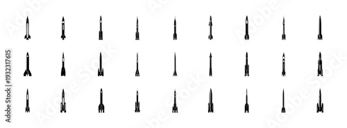 Large set of rocket silhouettes and spaceship icons, variety of space shuttle launch vehicles and cosmic exploration craft vector illustration.