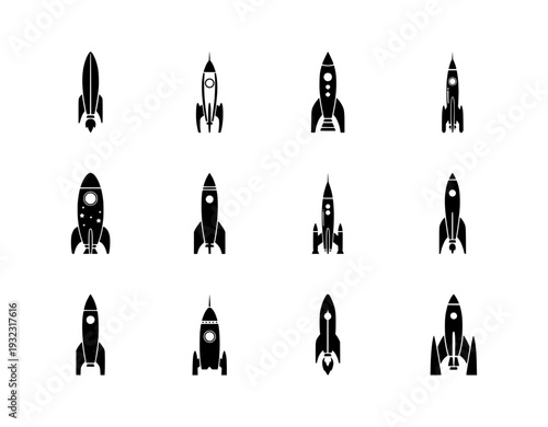 Set of detailed rocket ship silhouettes with windows and fins, variety of space shuttle launch vehicles for science and cosmic exploration vector.