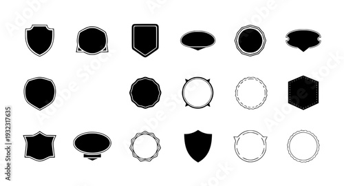 Set of blank shield and badge frame templates, decorative circular and geometric border outlines for logo design vector illustration.