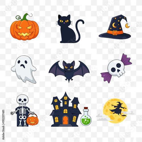 Spooky Halloween Cartoon Characters and Icons Set