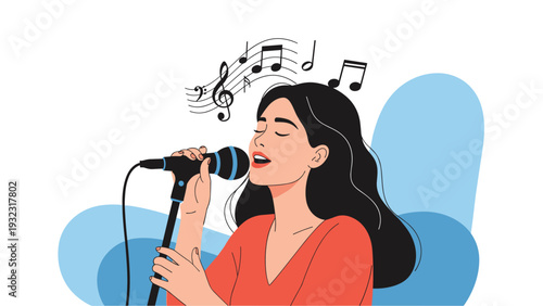 Joyful young woman with long dark hair singing into a microphone with musical notes floating around her against a blue background.