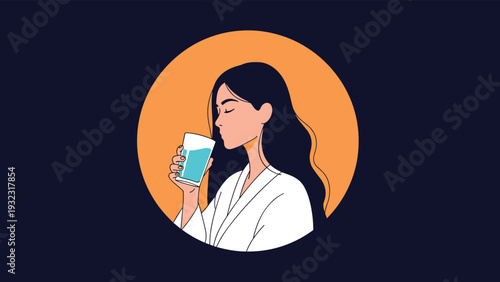 Profile view of a calm young woman with long dark hair drinking a glass of water against a dark background with an orange circle.