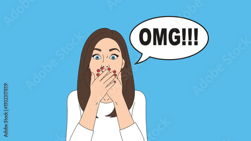 Illustration of a young woman with a shocked facial expression covering her mouth with her hands and a speech bubble saying OMG.