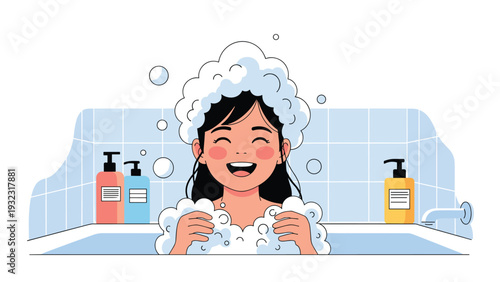 Happy little girl smiling while taking a bubble bath in a tub filled with white soap suds and shampoo bottles in the background.