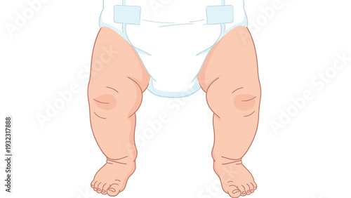 Close up view of the lower half of a baby standing and wearing a white diaper with chubby legs on a clean white background.