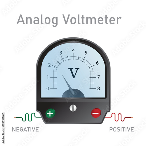 Analog Voltmeter Gauge with Positive and Negative Terminals, Classic Electrical Measurement Device Illustration on Light Background.