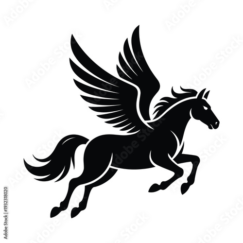 A majestic black silhouette of a winged horse or pegasus in flight