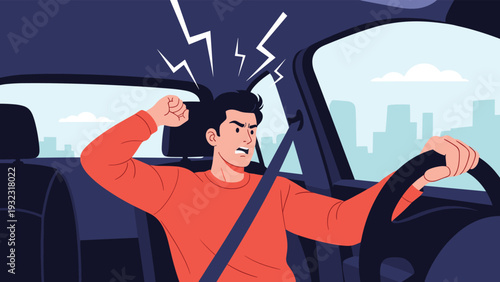 Angry and stressed man shouting and gesturing with his fist while driving a car in traffic with lightning bolt symbols around his head.