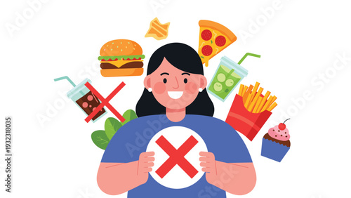 Young woman holding a red cross symbol to reject junk food like burgers, pizza, fries, and soda in favor of healthy eating habits.