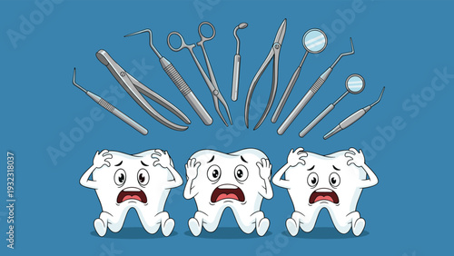 Three cartoon teeth characters looking terrified and crying with various silver dental tools floating above them on a blue background.