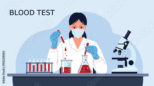 Female scientist wearing a mask and goggles working in a laboratory to perform a blood test using test tubes, beakers, and a microscope.